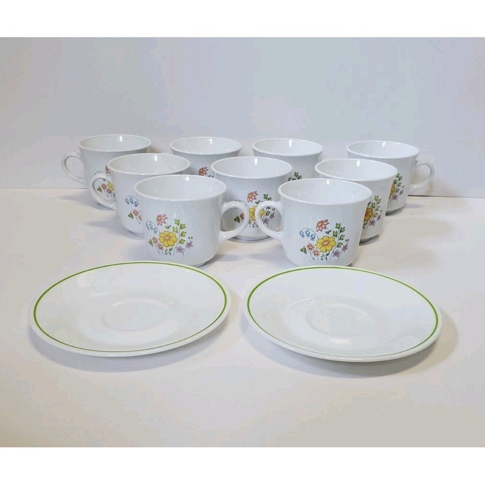 Vintage Corelle Spring Meadow Corning 9 Coffee Tea Cups (8oz) & 2 Saucers 1970's
